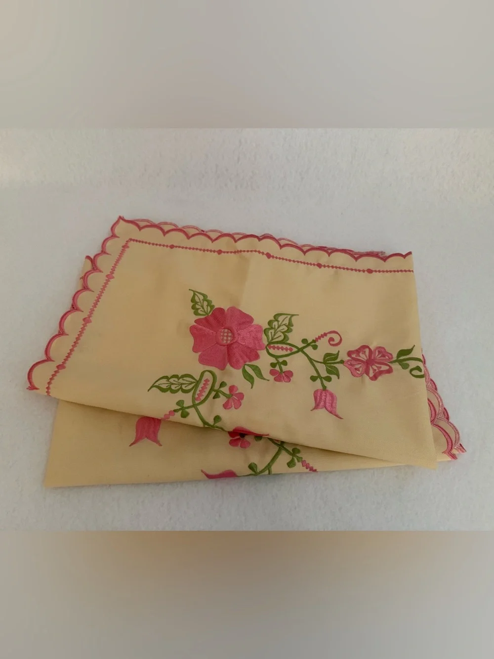 Ivory Pink & Green Floral Embroidered Pillowcase, Scalloped Edge, 33x 23 VTG